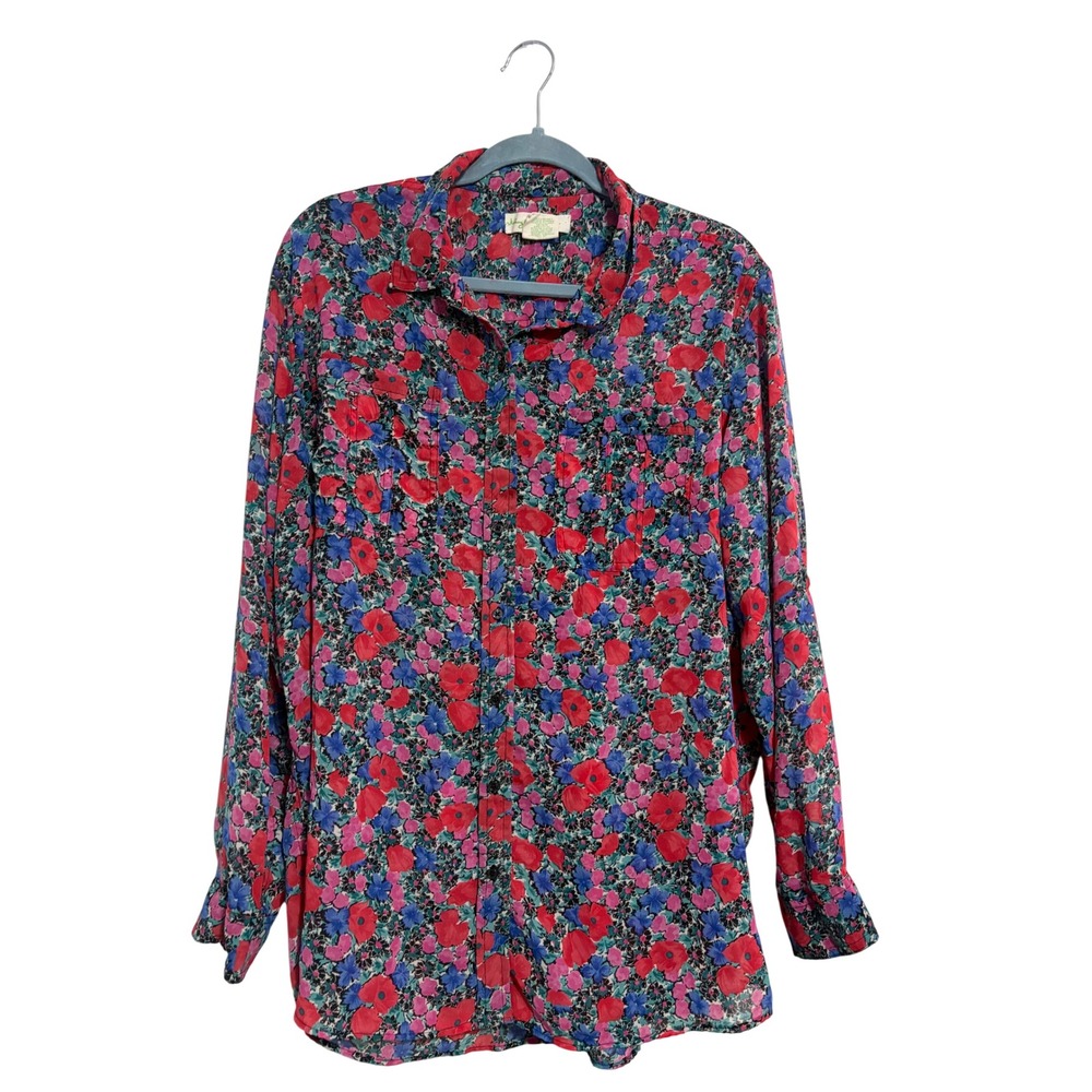 Staring at Stars Button Down Floral Poppy Red Blue Boho Long Sleeve Large L